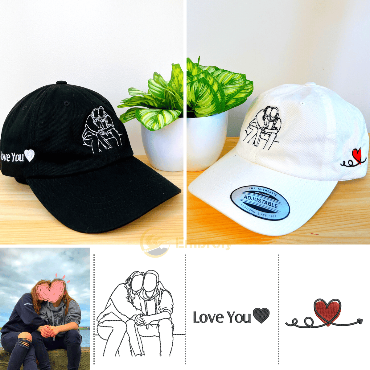 Custom Matching Couple Hat Embroidery From Photo, Personalized With Name On Side