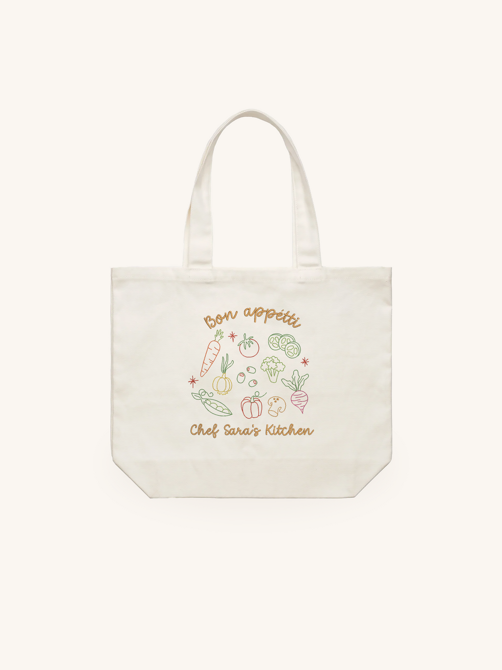 Personalized Cream Tote Bag with Vegetable Embroidery - 16.5x12.5 inches