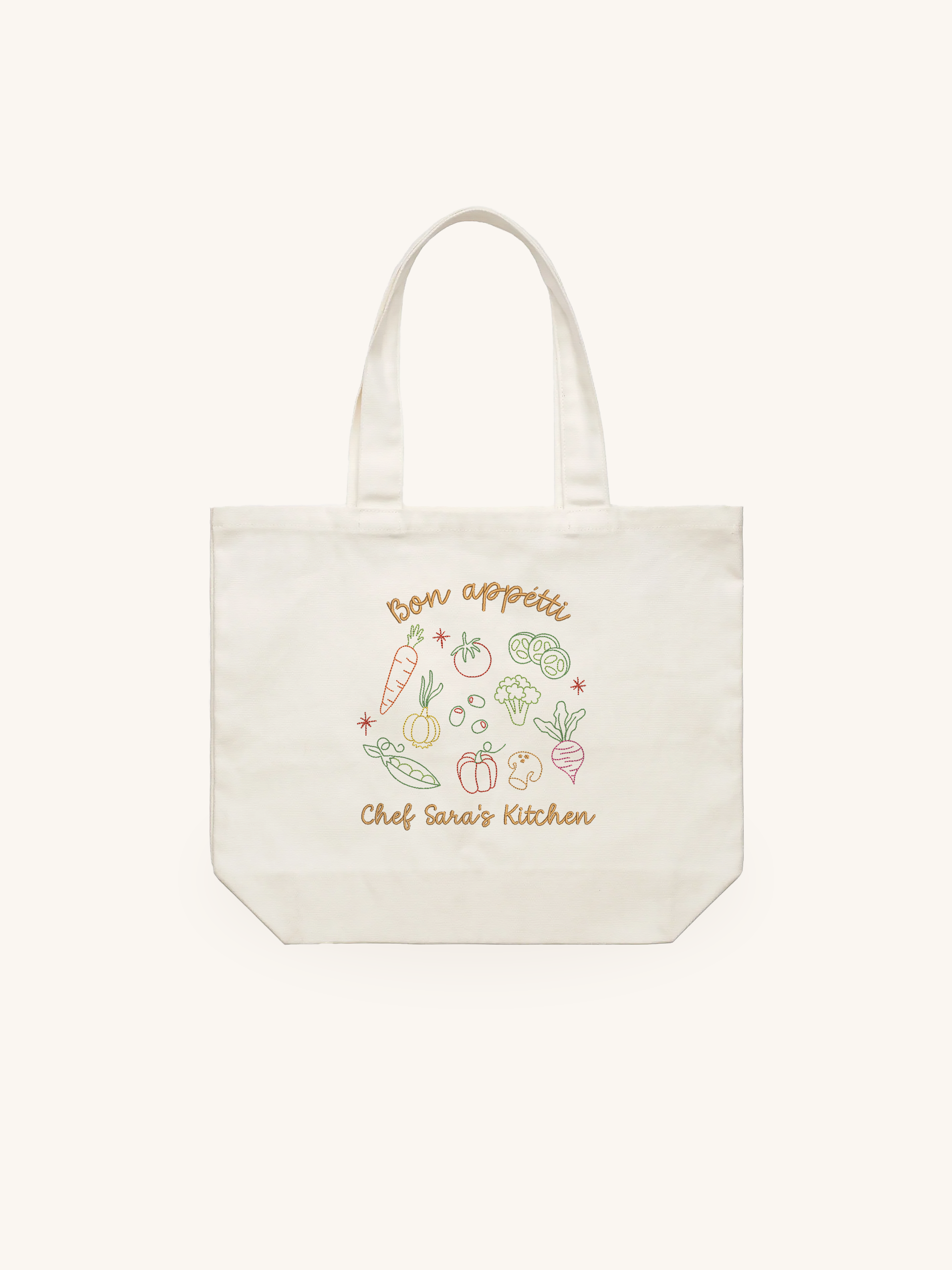 Personalized Cream Tote Bag with Vegetable Embroidery - 16.5x12.5 inches