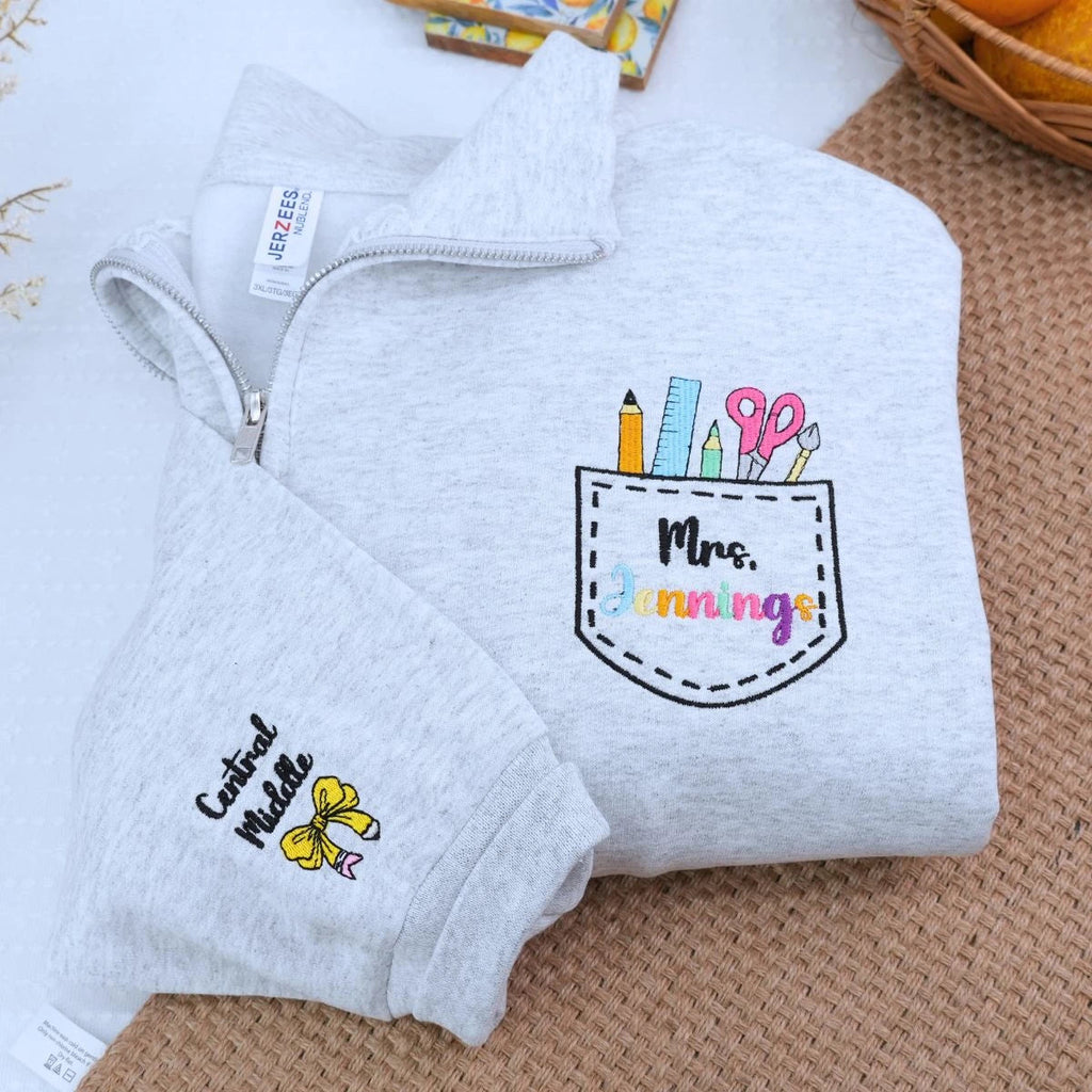Custom Teacher Name Quarter Zip Sweatshirt or Zip Up Hoodie, Embroidered Gift for Teacher, Teacher Gift