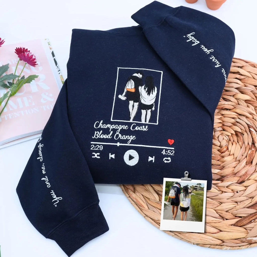 Custom Favorite Song with Your Photo Portrait Sweatshirt or Hoodie, Embroidered Gift for Him Her