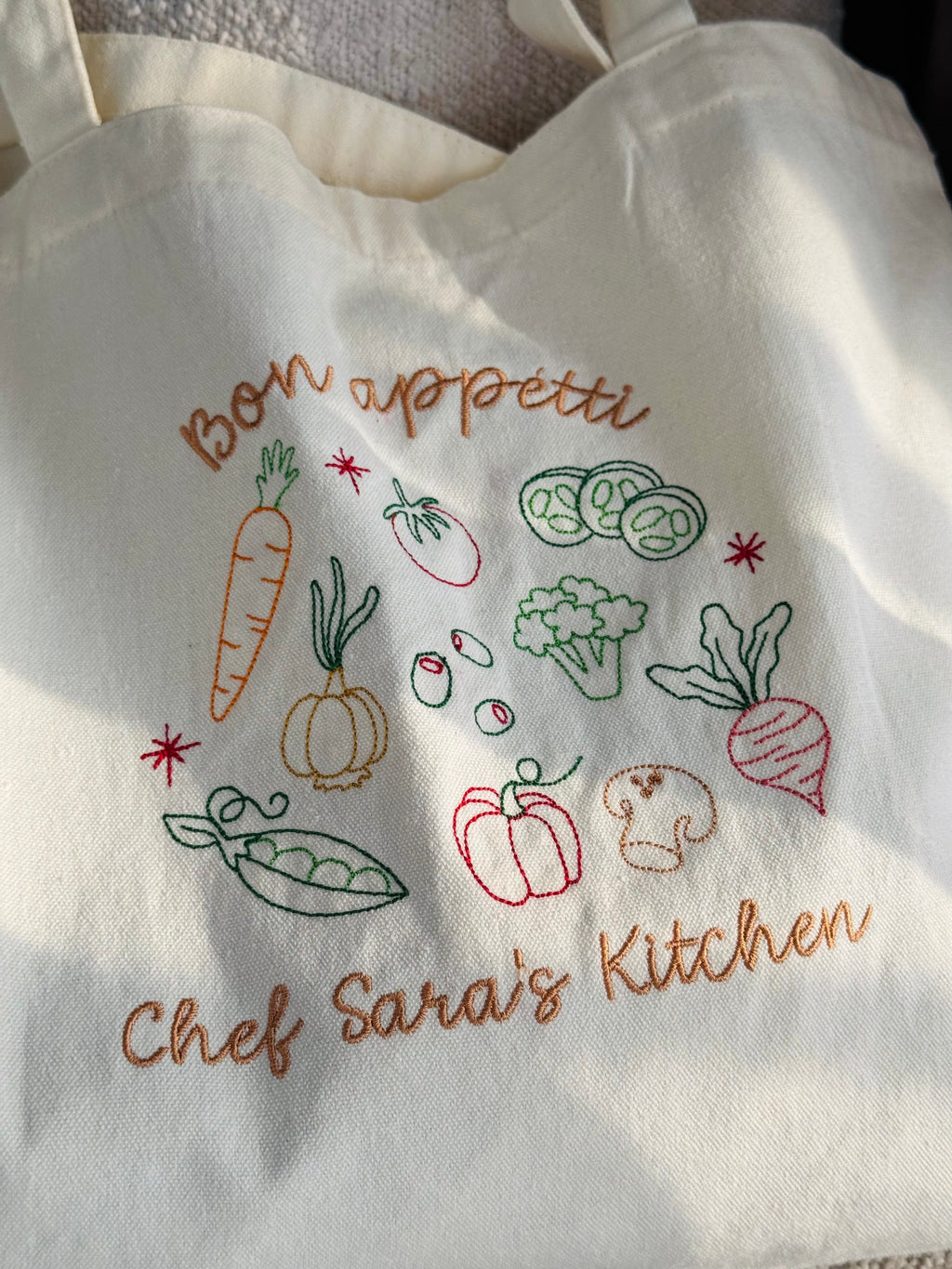 Personalized Cream Tote Bag with Vegetable Embroidery - 16.5x12.5 inches