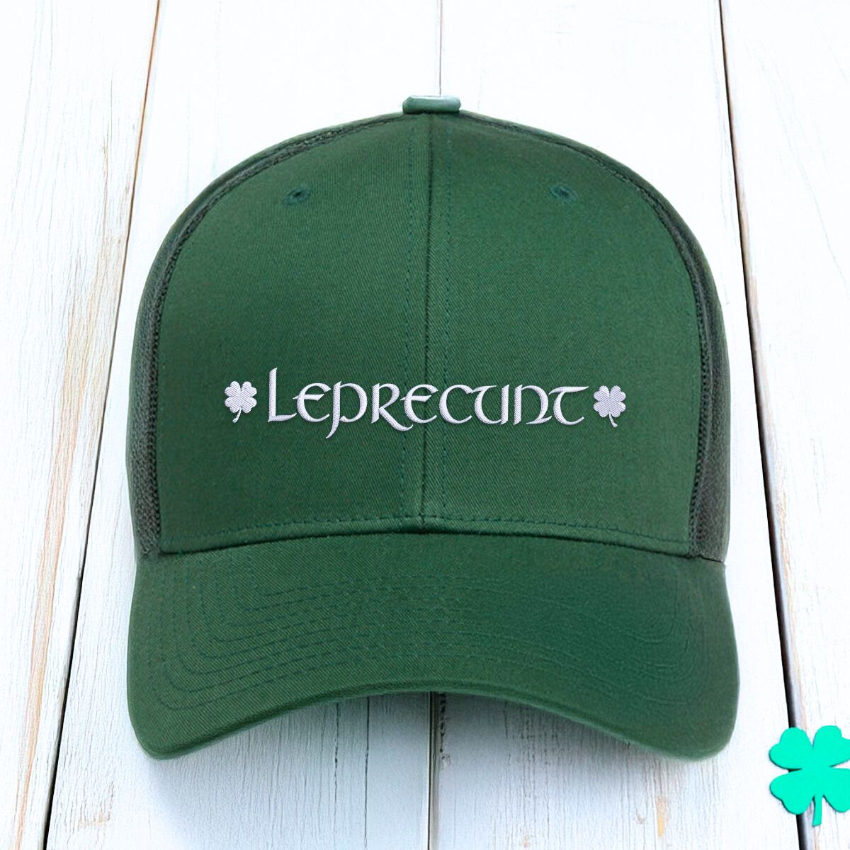 Leprecunt Trucker Hat with Four Leaf Clover, Custom Embroidered Gift for Irish Leprechaun St Patrick's Day