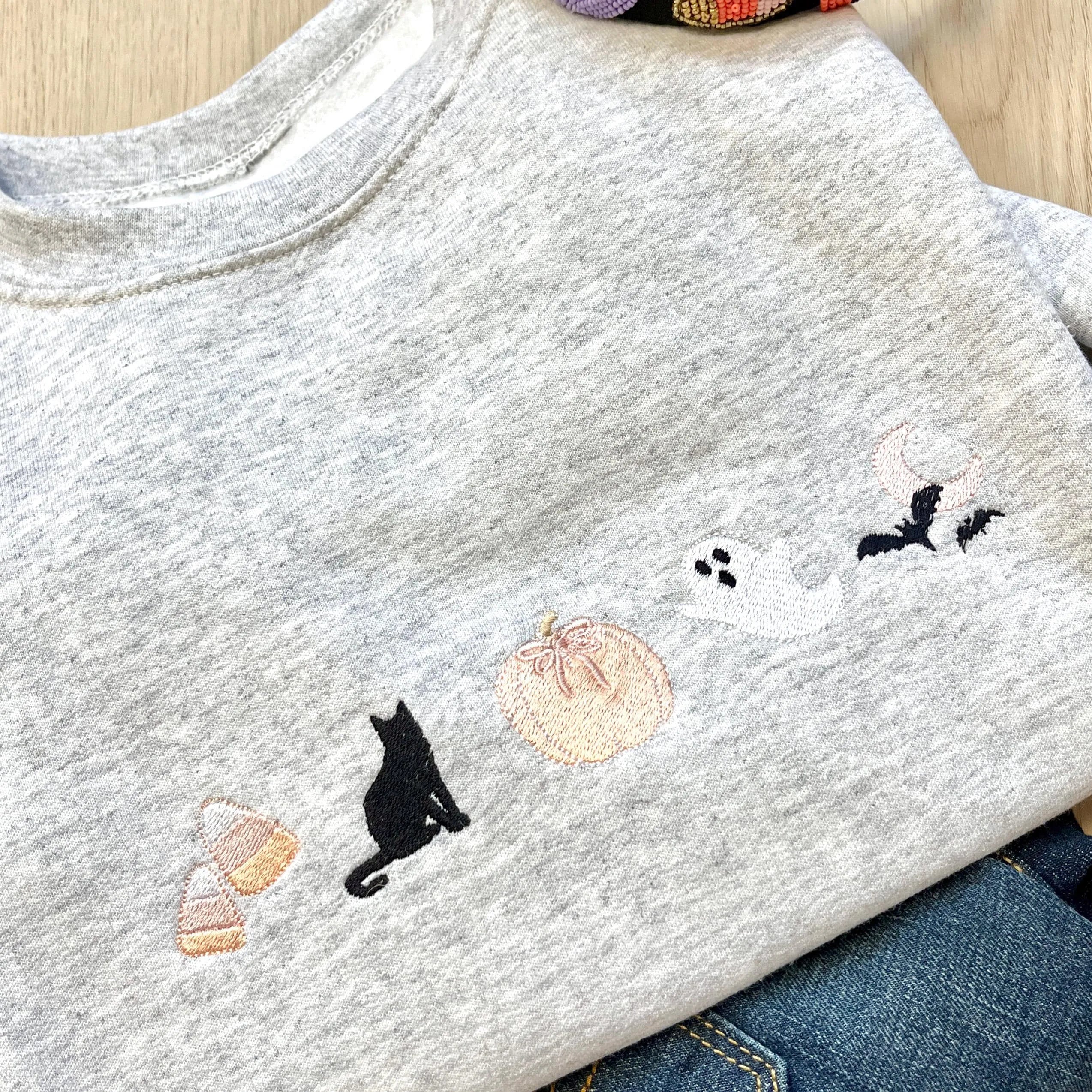Embroidered Coquette Halloween Sweatshirt – Cute Spooky Season Crewneck with Bow, Autumn Gift for Her
