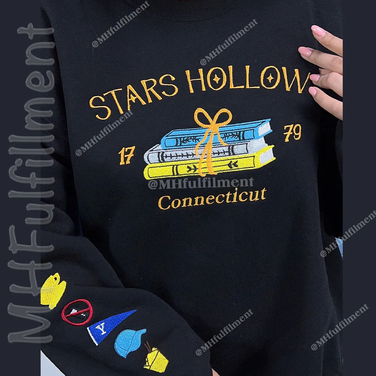 Embroidered Stars Hollow Sweatshirt – Bookish Connecticut Crewneck for Fall, Halloween & Thanksgiving