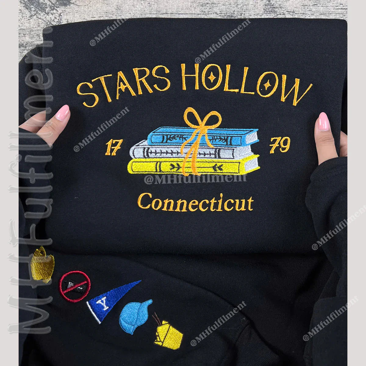 Embroidered Stars Hollow Sweatshirt – Bookish Connecticut Crewneck for Fall, Halloween & Thanksgiving