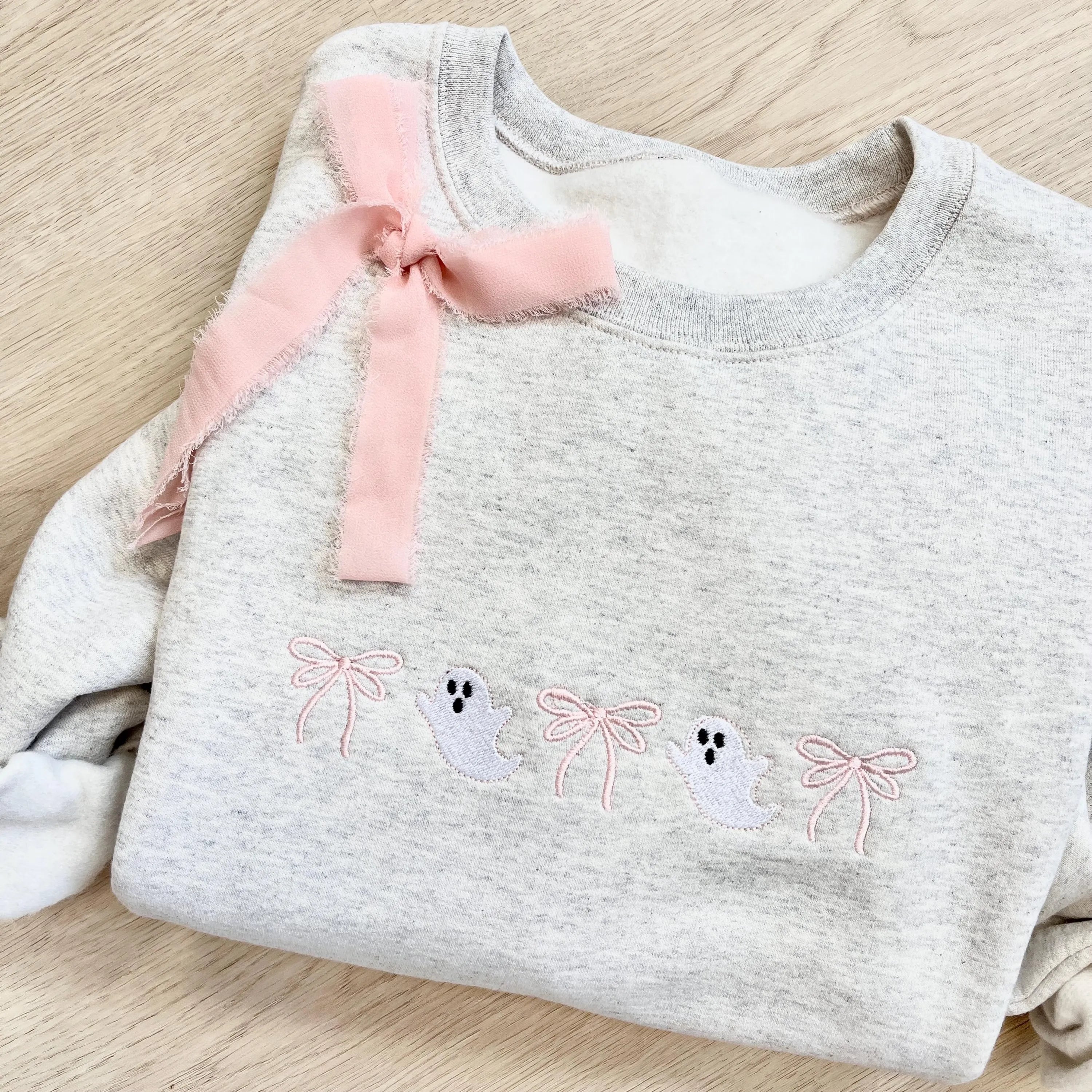 Embroidered Coquette Halloween Sweatshirt – Cute Spooky Season Crewneck with Bow, Autumn Gift for Her