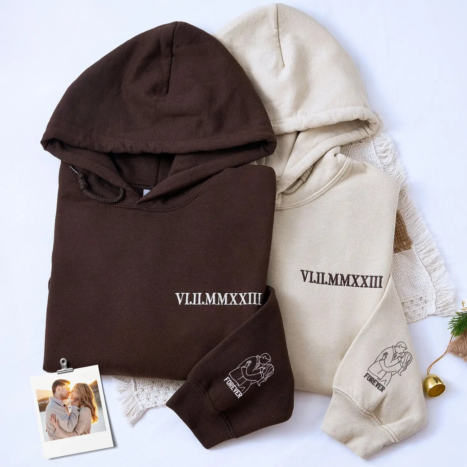 Custom Anniversary Gift for Couple with Embroidered Roman Numeral and Portrait Photo on Sweatshirt or Hoodie