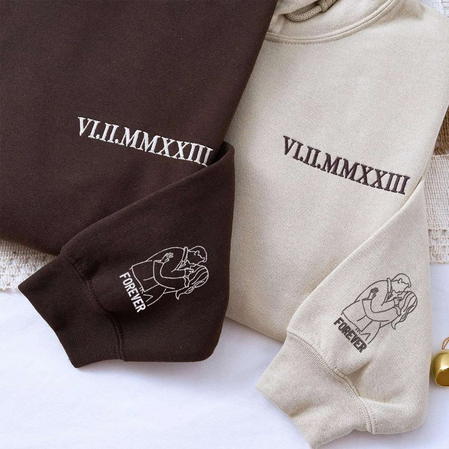 Custom Anniversary Gift for Couple with Embroidered Roman Numeral and Portrait Photo on Sweatshirt or Hoodie