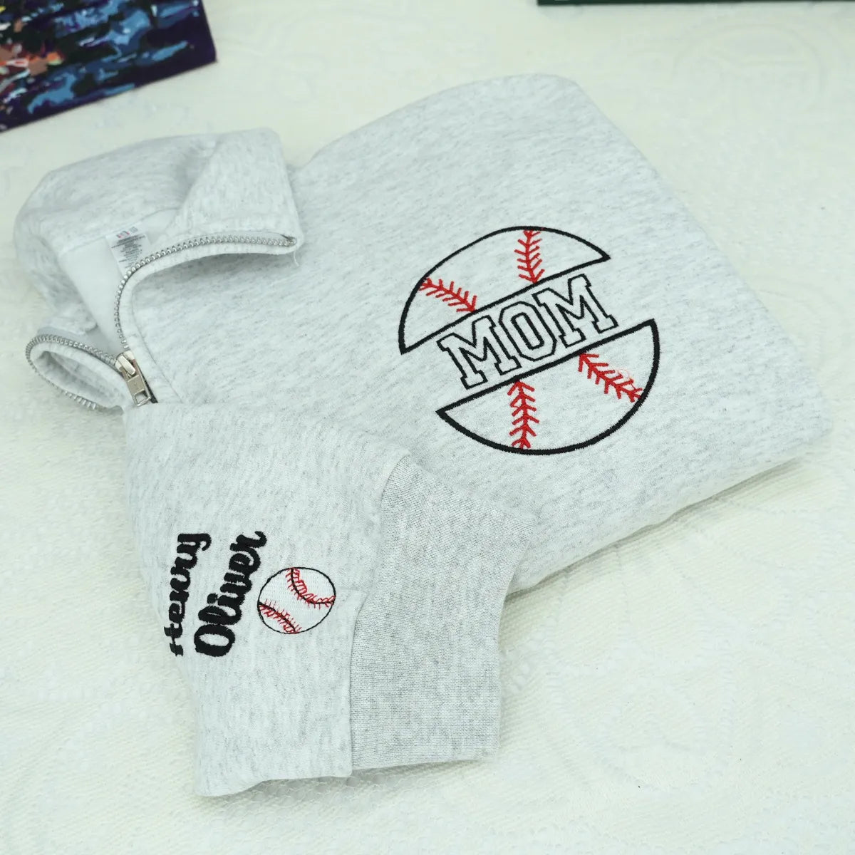 Custom Baseball Mom Sweatshirt – Embroidered T-Shirt, Hoodie or Crewneck – Name on Sleeve – Game Day Outfit, Team Mom Gift Idea