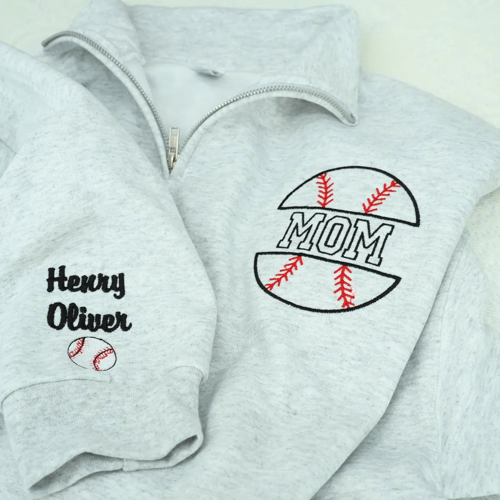 Custom Baseball Mom Sweatshirt – Embroidered T-Shirt, Hoodie or Crewneck – Name on Sleeve – Game Day Outfit, Team Mom Gift Idea