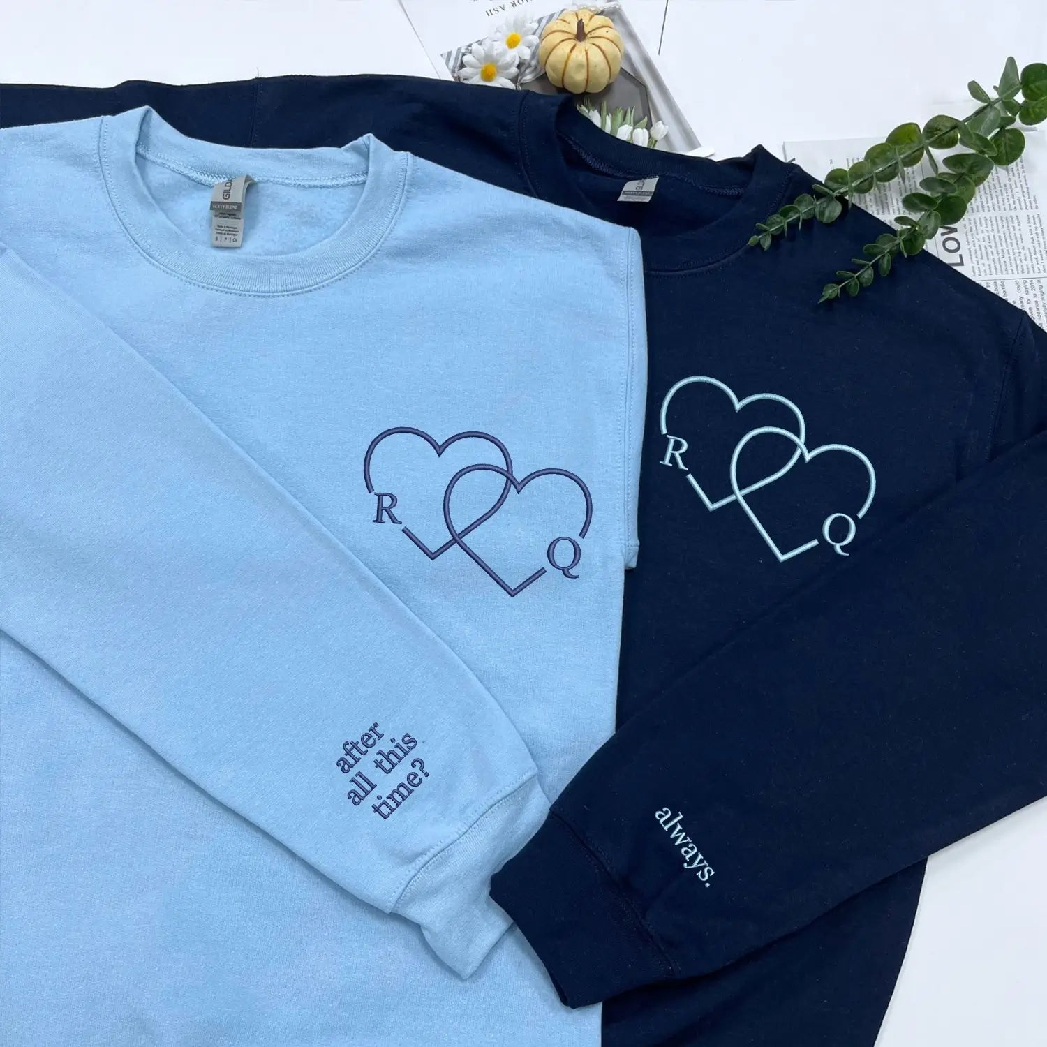 Custom Embroidered Sweatshirt or Hoodie with Heart Initials and Roman Numerals, His and Hers Gifts