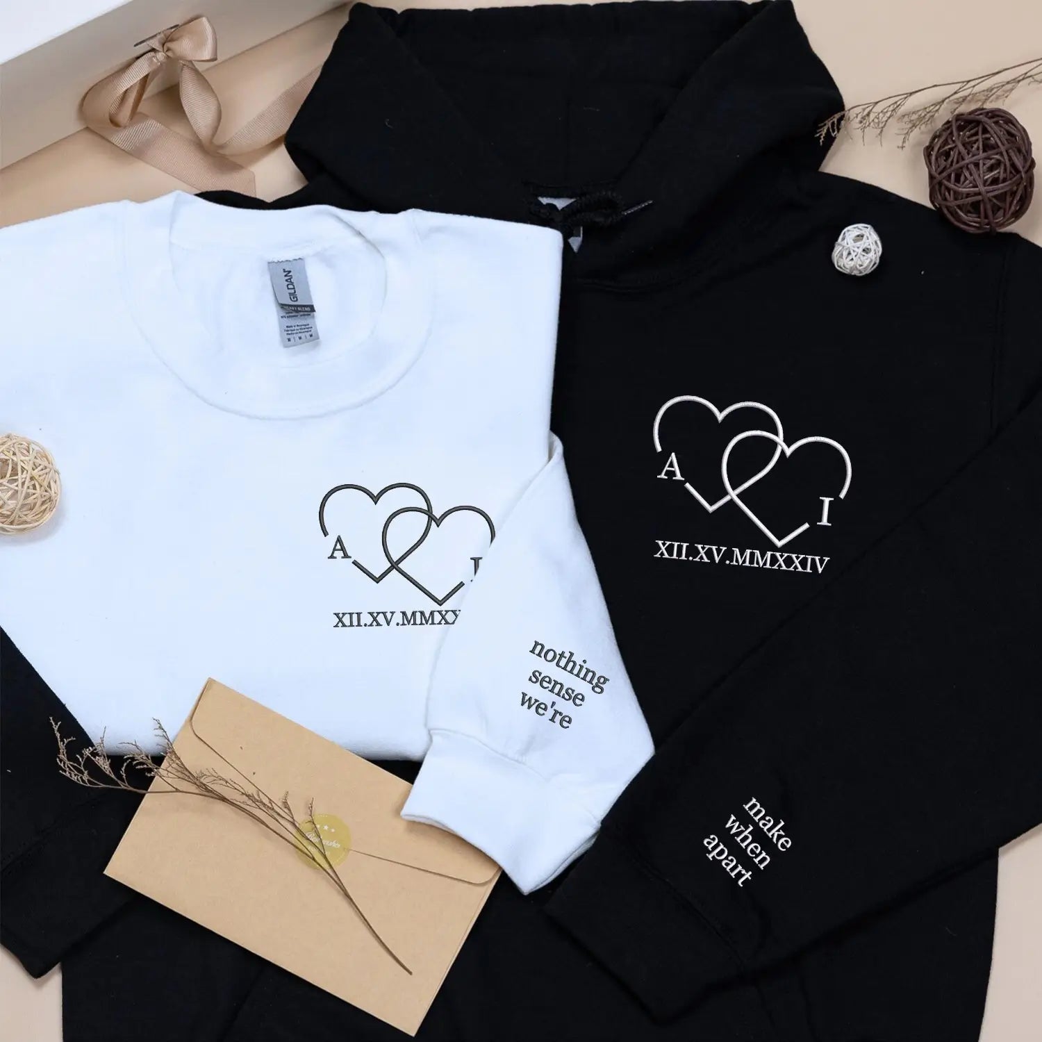 Custom Embroidered Sweatshirt or Hoodie with Heart Initials and Roman Numerals, His and Hers Gifts