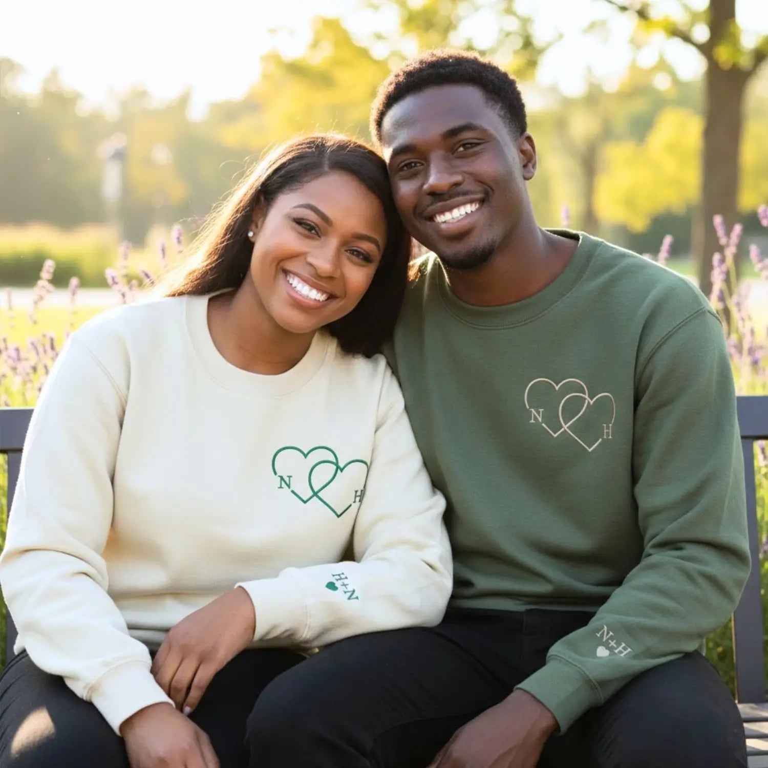 Custom Embroidered Sweatshirt or Hoodie with Heart Initials and Roman Numerals, His and Hers Gifts