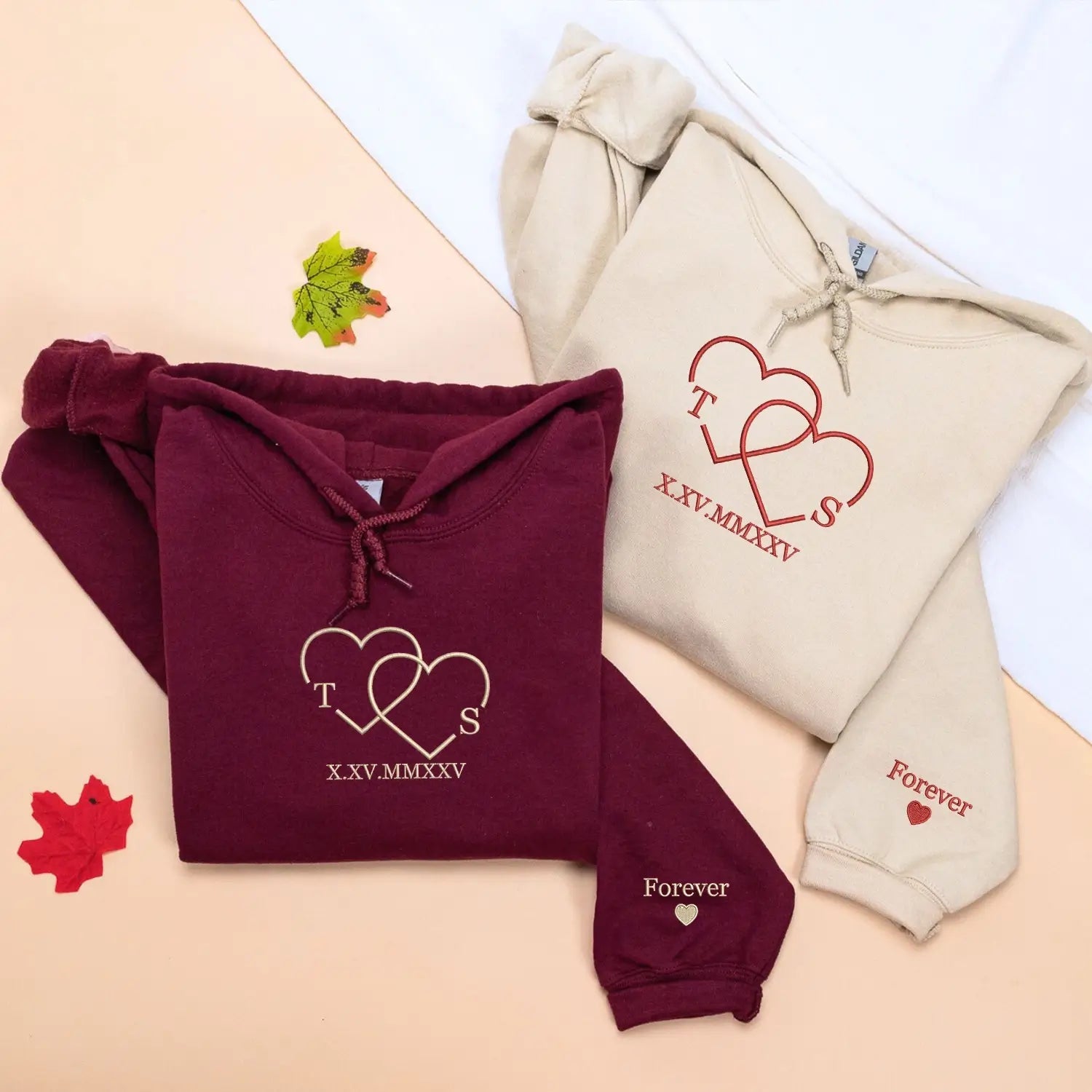 Custom Embroidered Sweatshirt or Hoodie with Heart Initials and Roman Numerals, His and Hers Gifts