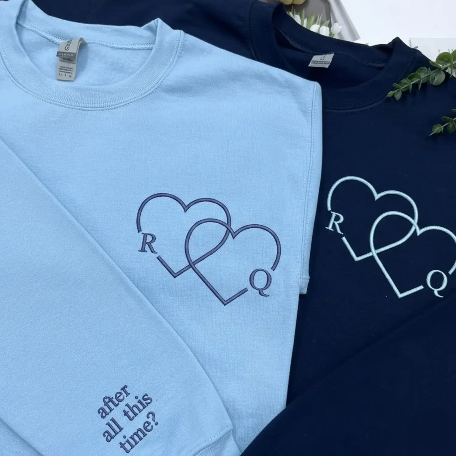 Custom Embroidered Sweatshirt or Hoodie with Heart Initials and Roman Numerals, His and Hers Gifts