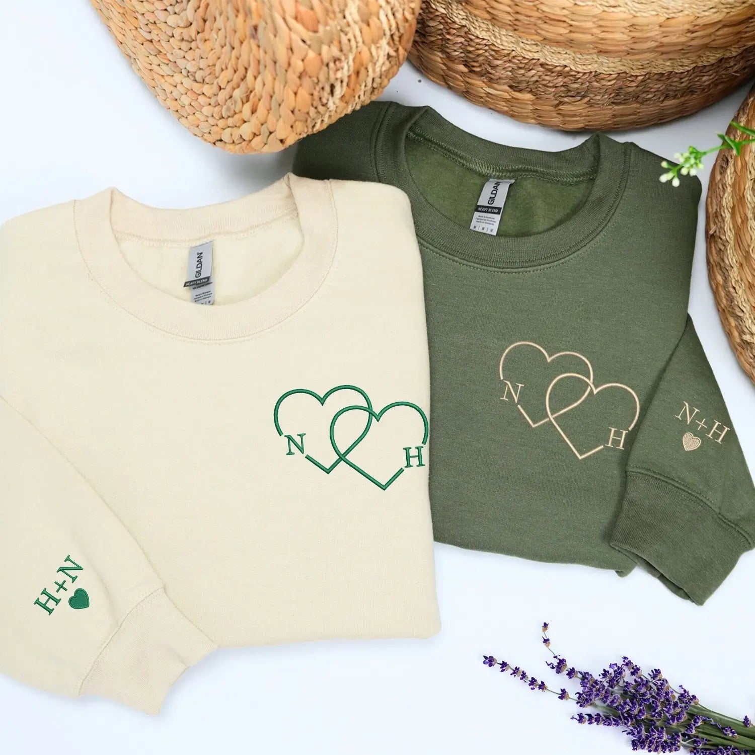 Custom Embroidered Sweatshirt or Hoodie with Heart Initials and Roman Numerals, His and Hers Gifts