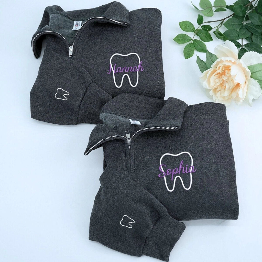 Personalized Embroidered Tooth Dental Hygienist Quarter Zip Sweatshirt, Orthodontist Sweatshirt, Dental Assistant Gift