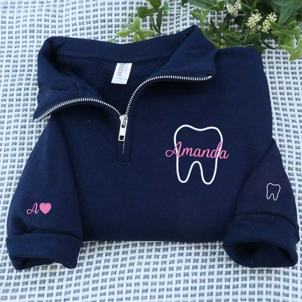 Personalized Embroidered Tooth Dental Hygienist Quarter Zip Sweatshirt, Orthodontist Sweatshirt, Dental Assistant Gift