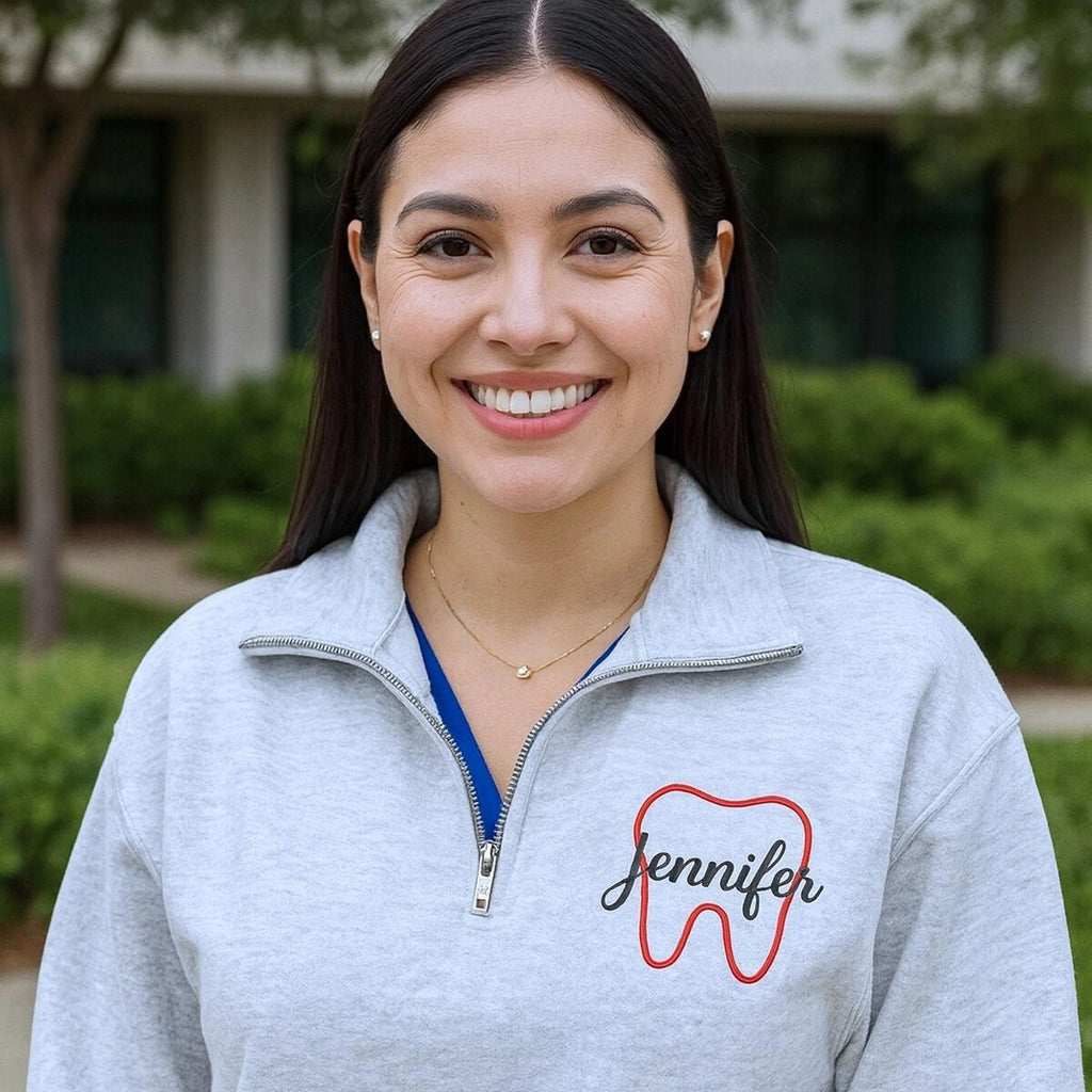 Personalized Embroidered Tooth Dental Hygienist Quarter Zip Sweatshirt, Orthodontist Sweatshirt, Dental Assistant Gift
