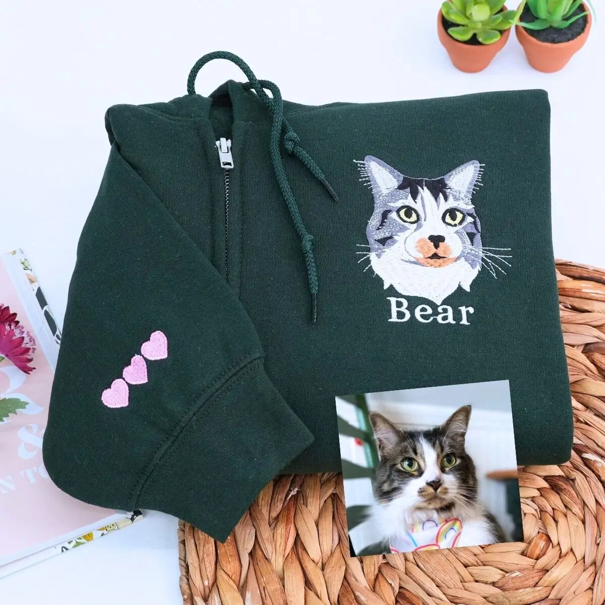 Custom Embroidered Zip Up Hoodie with Pet Photo Portrait / Quarter Zip Sweatshirt