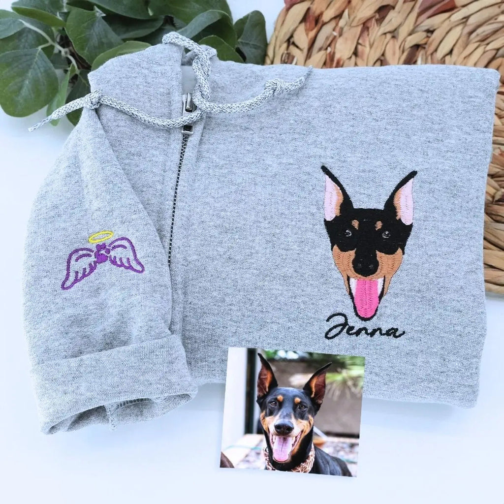 Custom Embroidered Zip Up Hoodie with Pet Photo Portrait / Quarter Zip Sweatshirt
