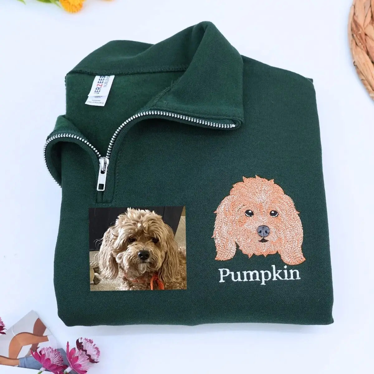 Custom Embroidered Zip Up Hoodie with Pet Photo Portrait / Quarter Zip Sweatshirt