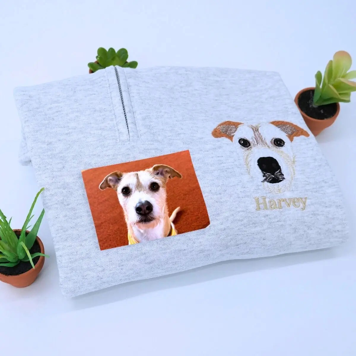 Custom Embroidered Zip Up Hoodie with Pet Photo Portrait / Quarter Zip Sweatshirt