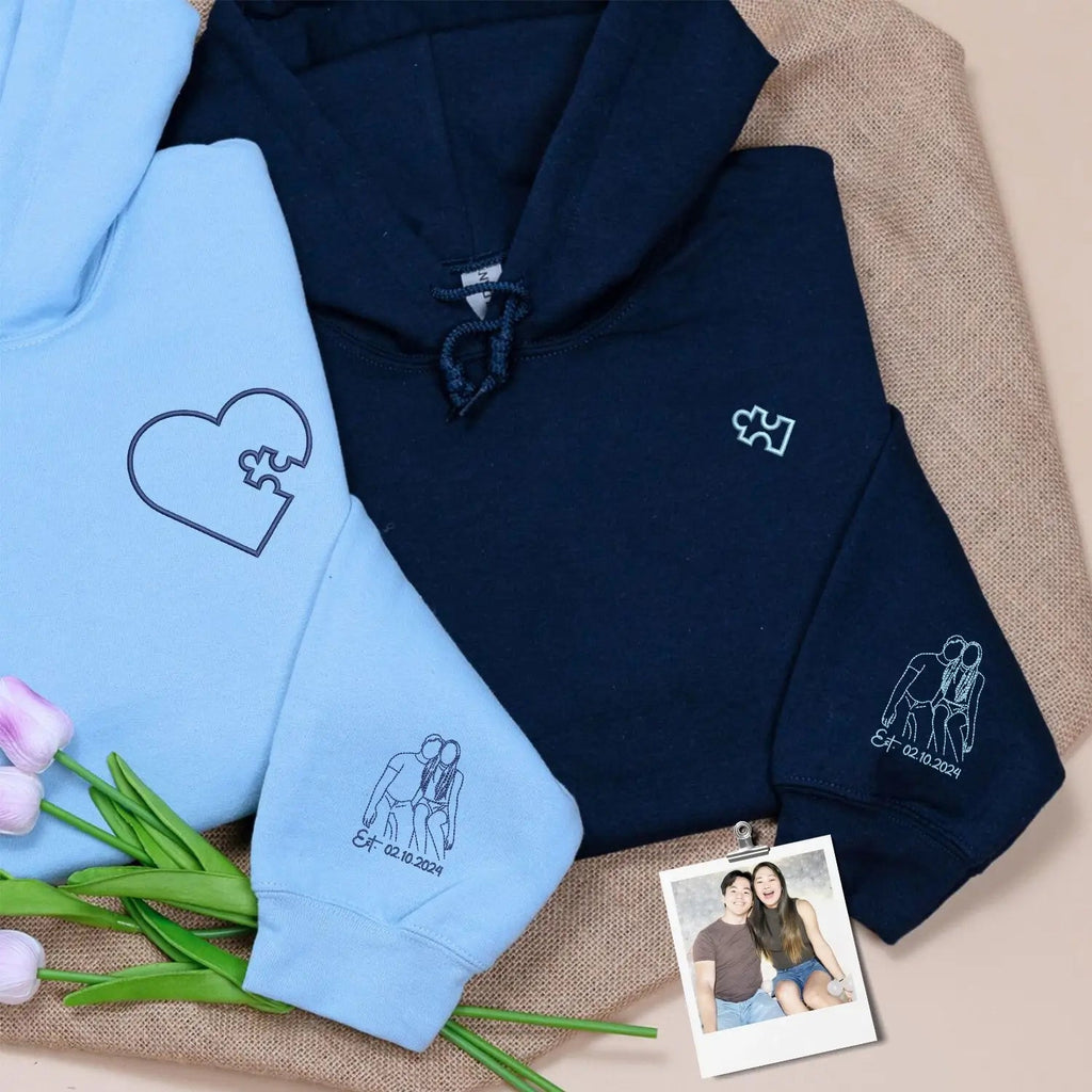 Custom Embroidered Heart Puzzle Piece Sweatshirt or Hoodie with Portrait, First Wedding Anniversary Gift