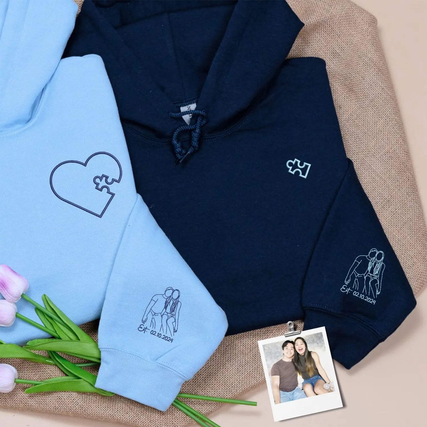 Custom Embroidered Heart Puzzle Piece Sweatshirt or Hoodie with Portrait, First Wedding Anniversary Gift
