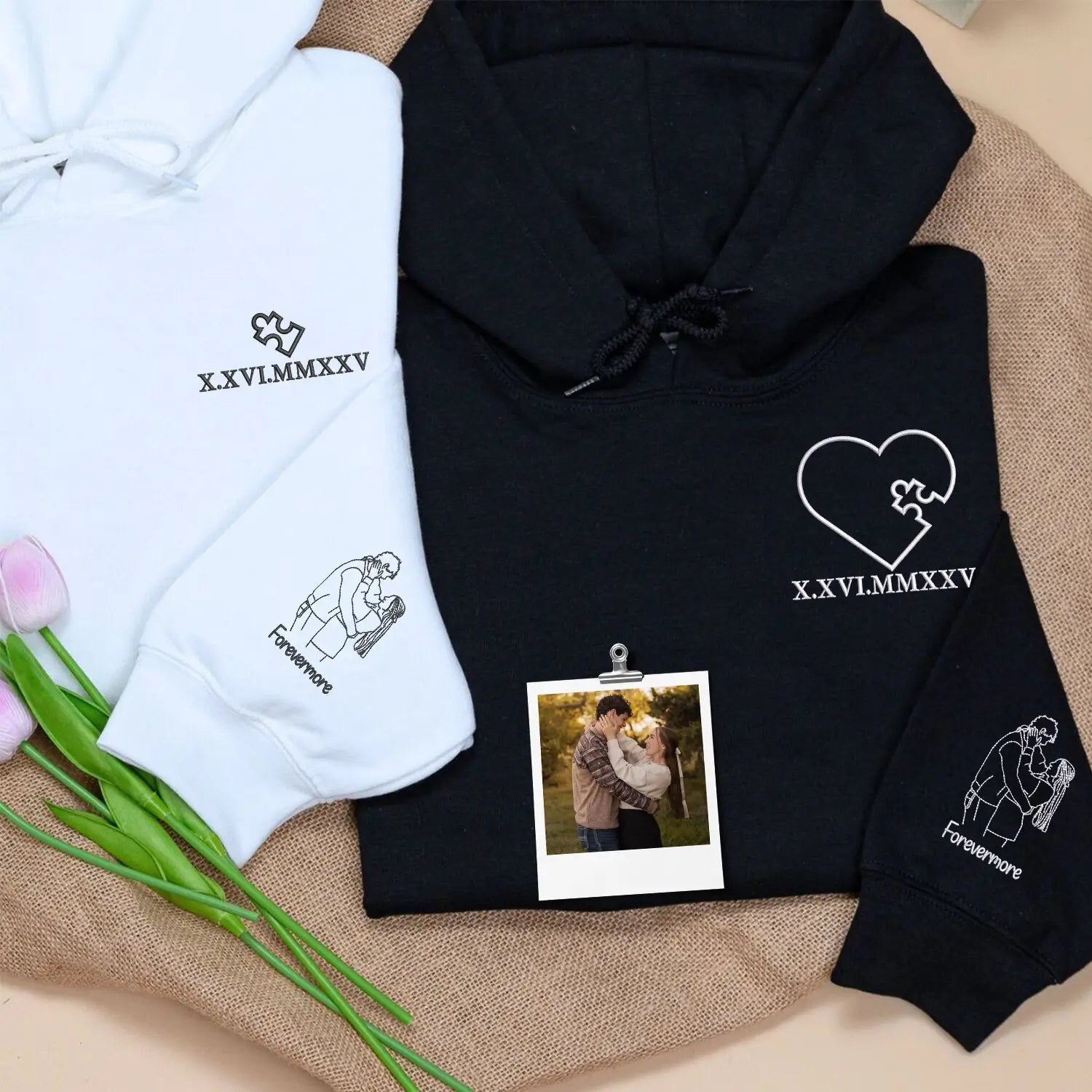 Custom Embroidered Heart Puzzle Piece Sweatshirt or Hoodie with Portrait, First Wedding Anniversary Gift