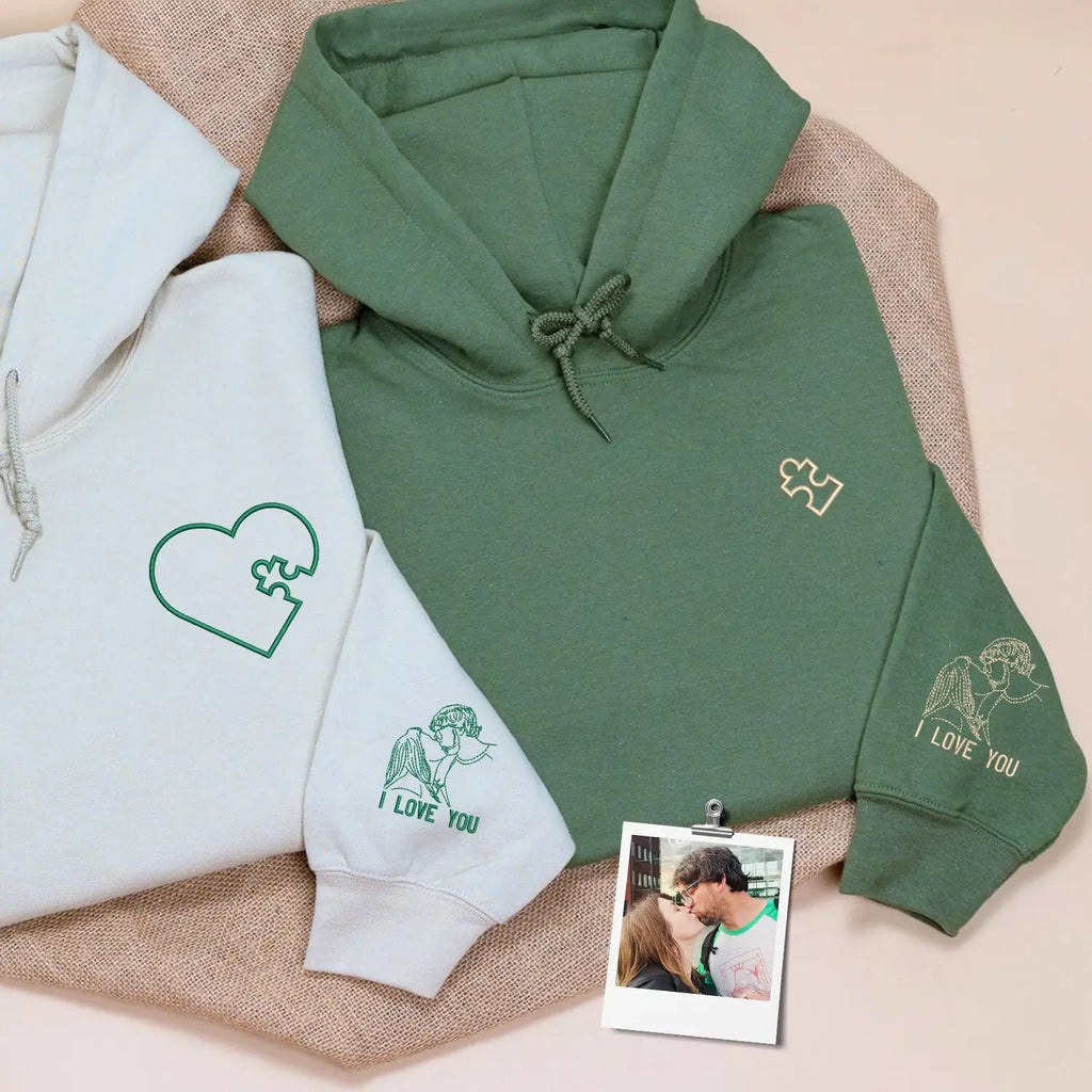 Custom Embroidered Heart Puzzle Piece Sweatshirt or Hoodie with Portrait, First Wedding Anniversary Gift