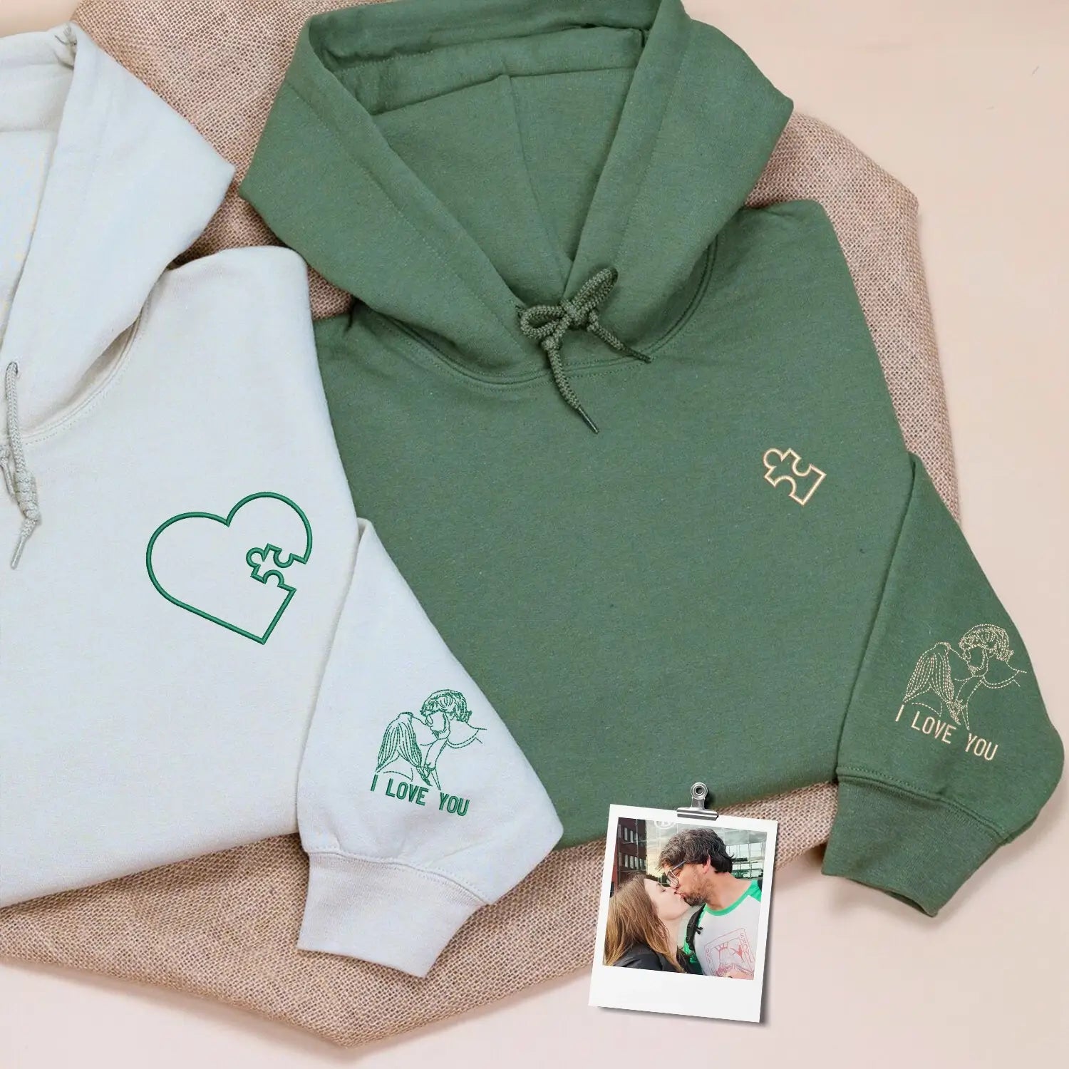 Custom Embroidered Heart Puzzle Piece Sweatshirt or Hoodie with Portrait, First Wedding Anniversary Gift