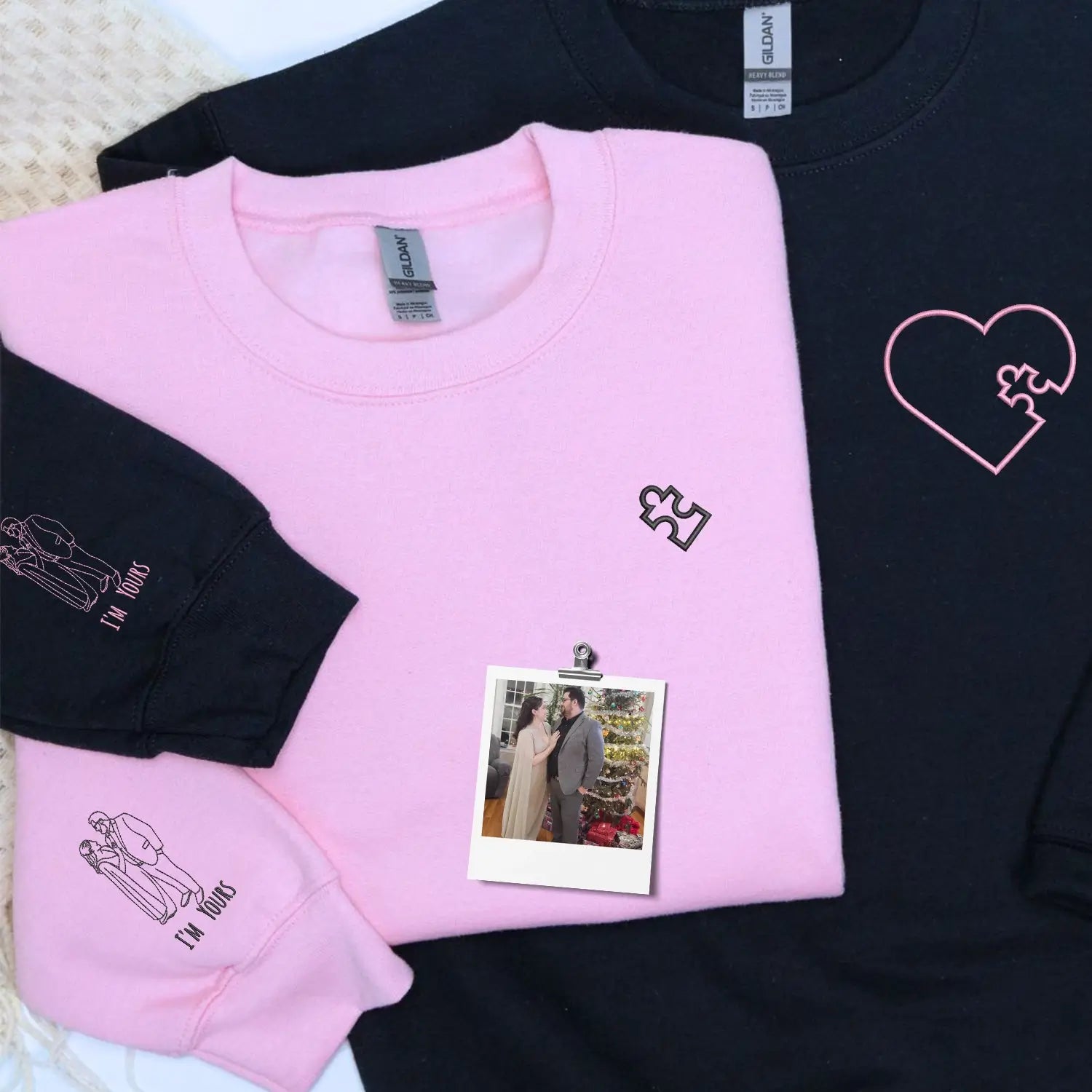 Custom Embroidered Heart Puzzle Piece Sweatshirt or Hoodie with Portrait, First Wedding Anniversary Gift