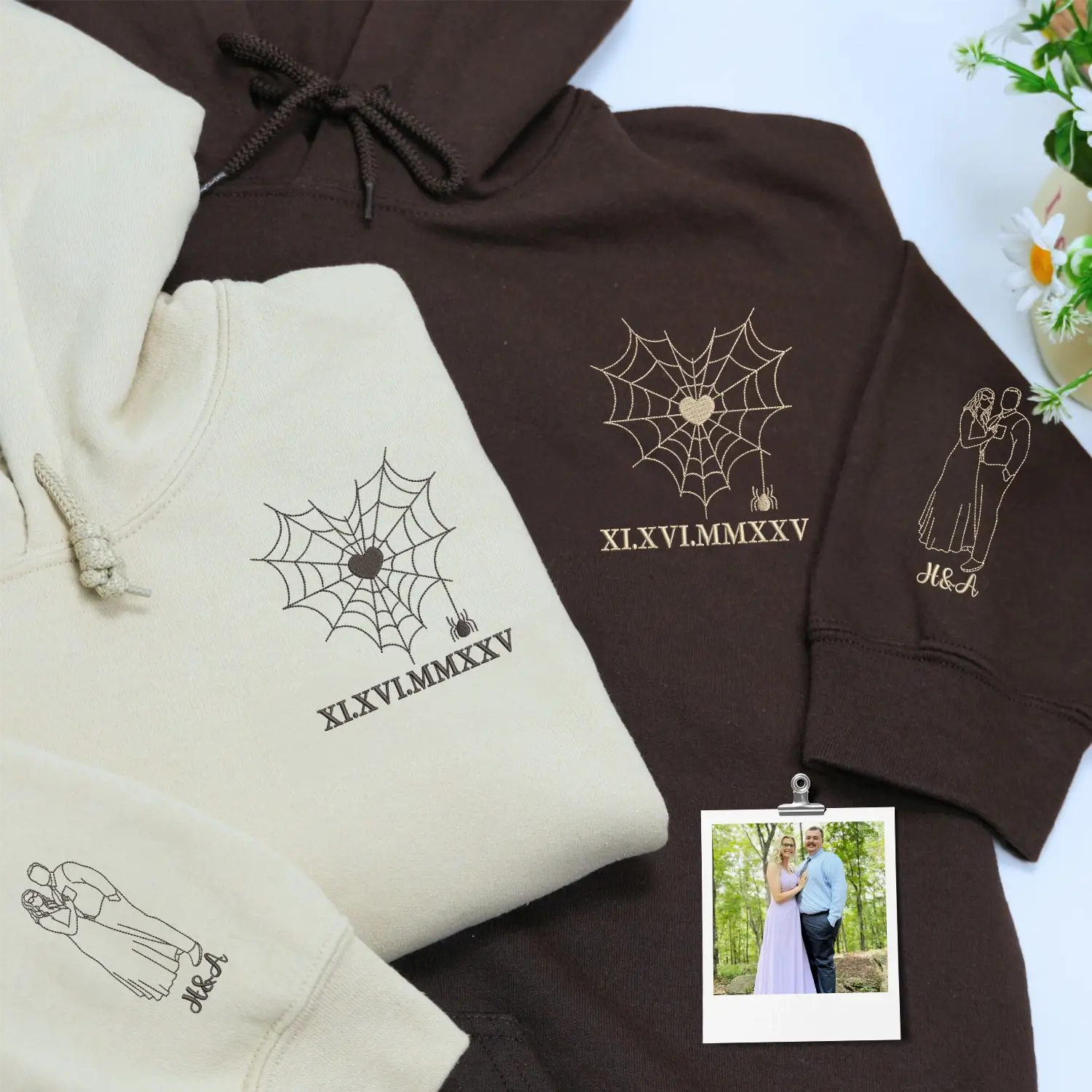 Custom Embroidered Spider Web Sweatshirt or Hoodie with Portrait on Sleeve, Matching Gifts for Couples