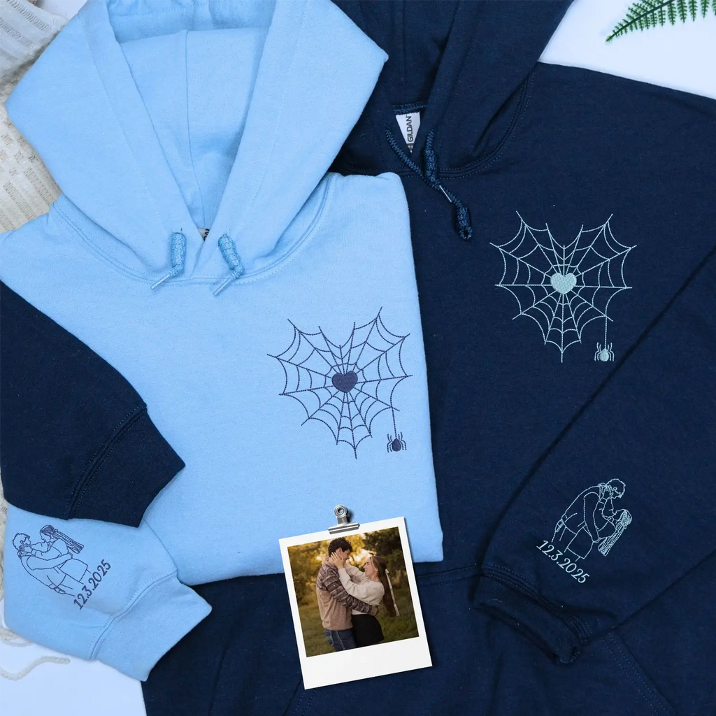 Custom Embroidered Spider Web Sweatshirt or Hoodie with Portrait on Sleeve, Matching Gifts for Couples