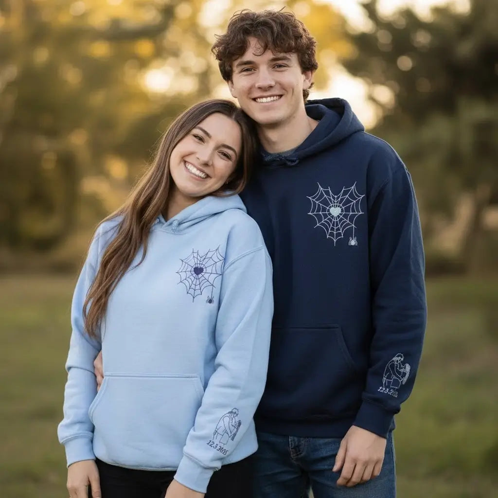 Custom Embroidered Spider Web Sweatshirt or Hoodie with Portrait on Sleeve, Matching Gifts for Couples