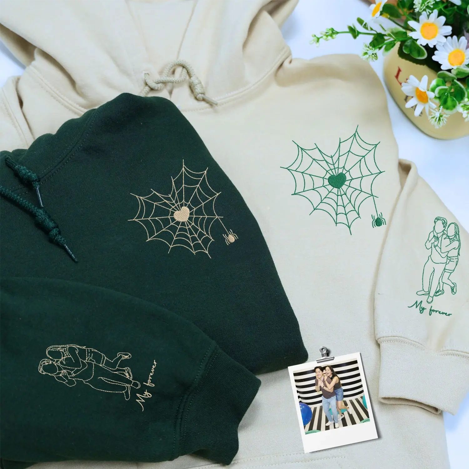 Custom Embroidered Spider Web Sweatshirt or Hoodie with Portrait on Sleeve, Matching Gifts for Couples
