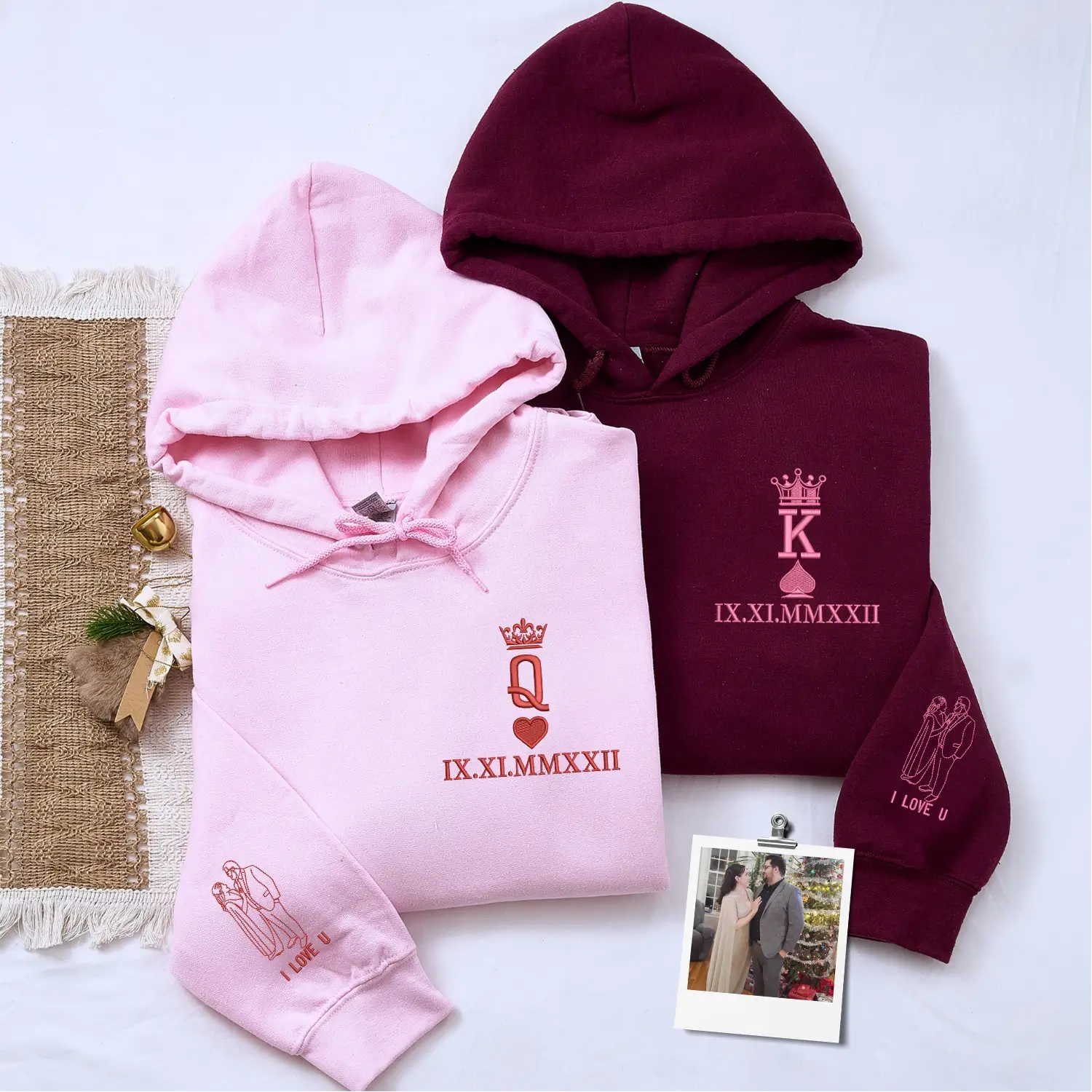 Custom Embroidered King and Queen Sweatshirts or Hoodies for Couples with Portrait, Engagement Gifts