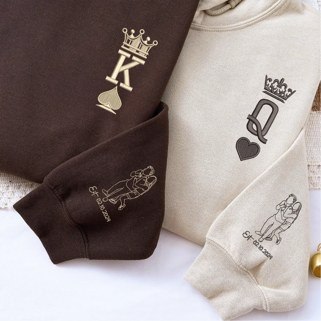 Custom Embroidered King and Queen Sweatshirts or Hoodies for Couples with Portrait, Engagement Gifts