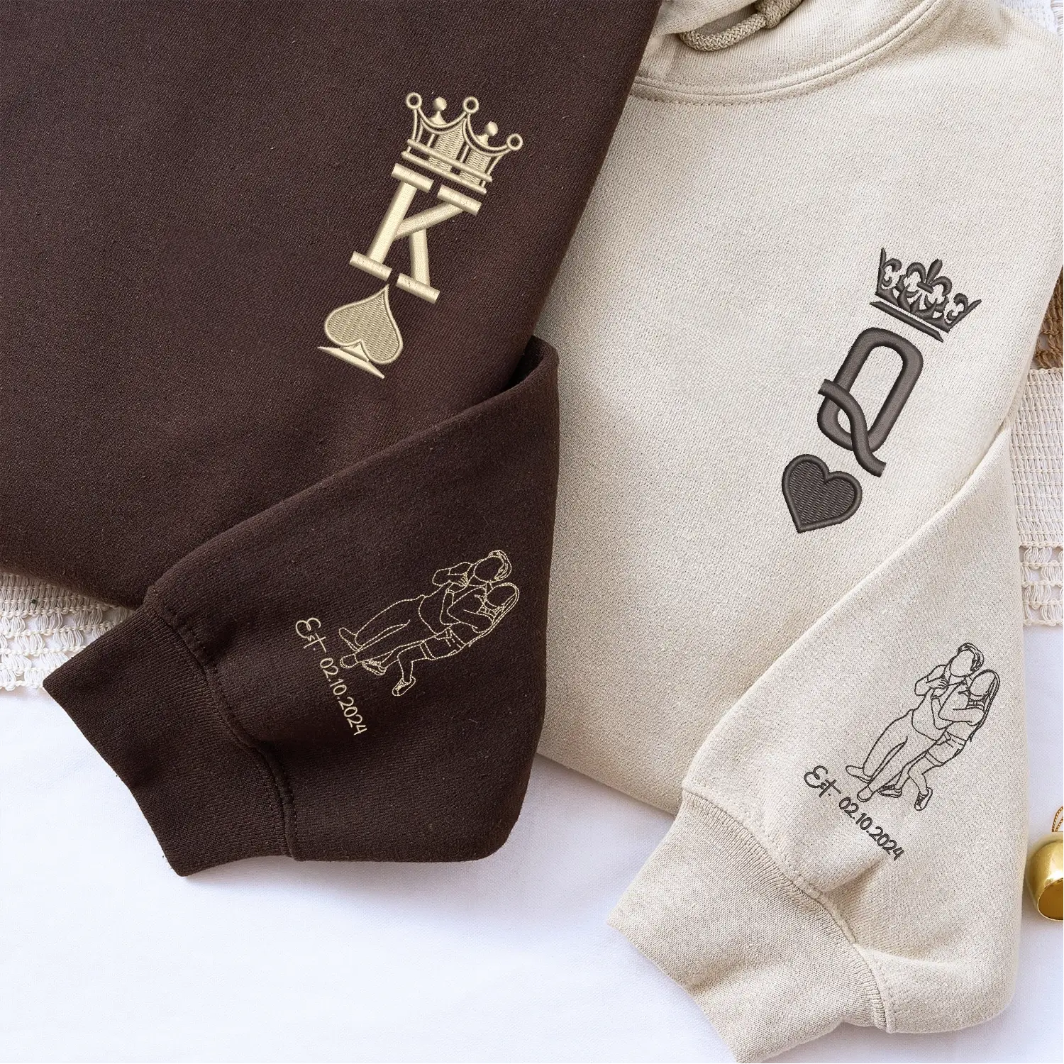Custom Embroidered King and Queen Sweatshirts or Hoodies for Couples with Portrait, Engagement Gifts