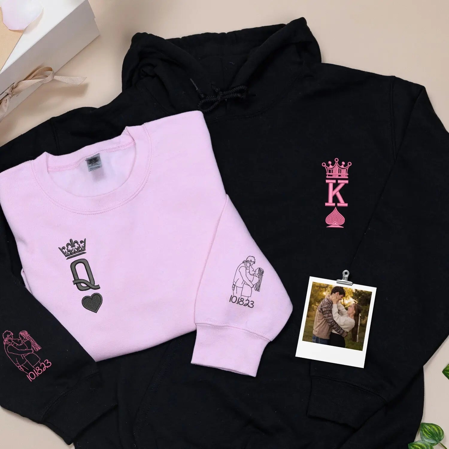 Custom Embroidered King and Queen Sweatshirts or Hoodies for Couples with Portrait, Engagement Gifts