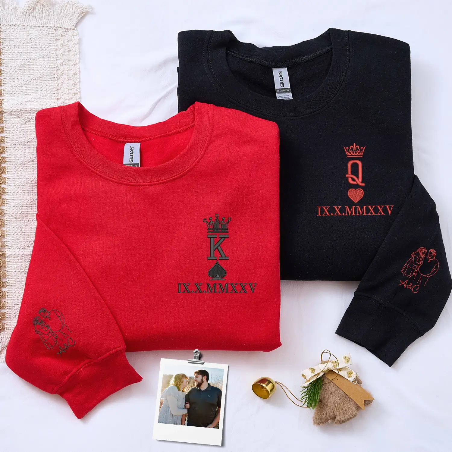 Custom Embroidered King and Queen Sweatshirts or Hoodies for Couples with Portrait, Engagement Gifts