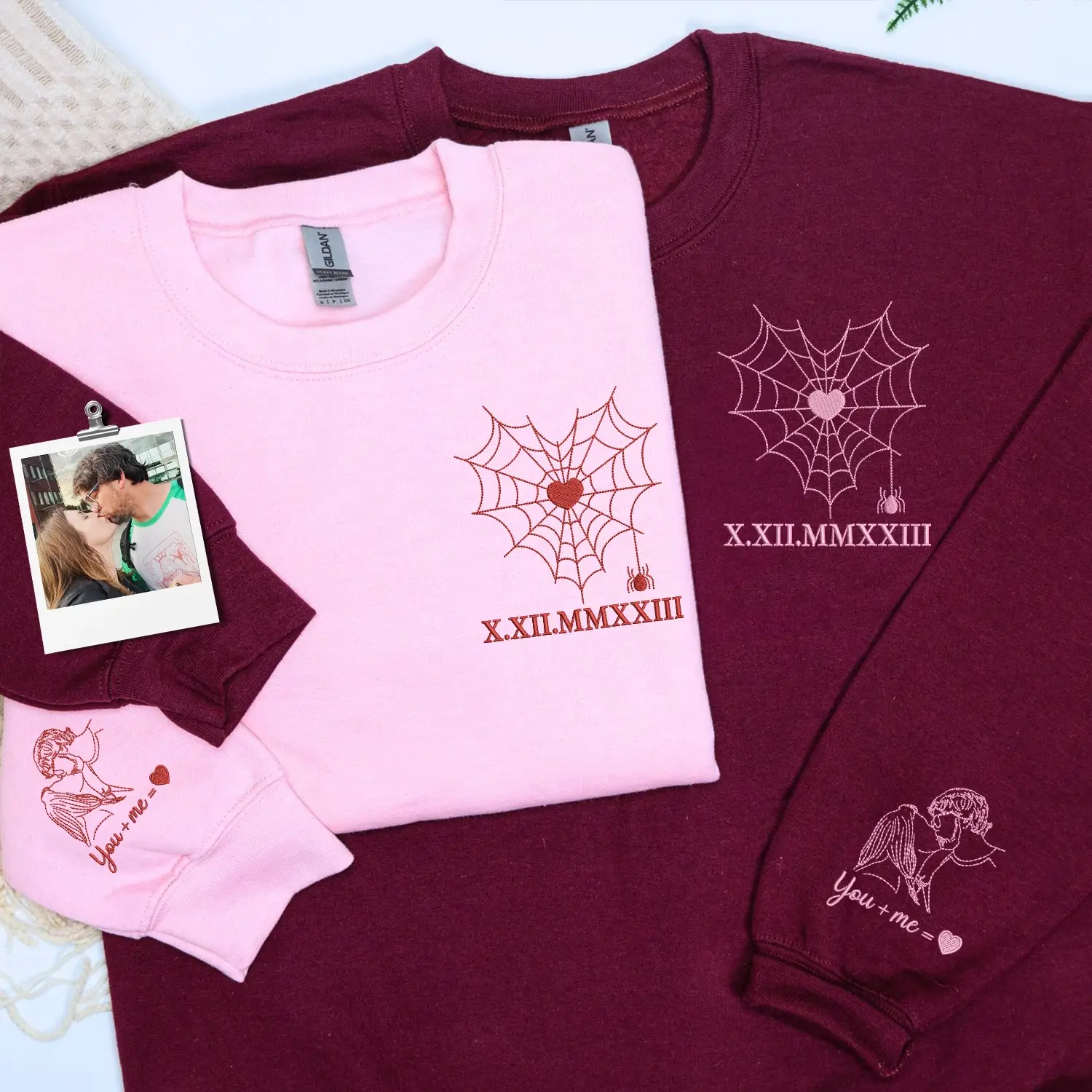 Custom Embroidered Spider Web Sweatshirt or Hoodie with Portrait on Sleeve, Matching Gifts for Couples
