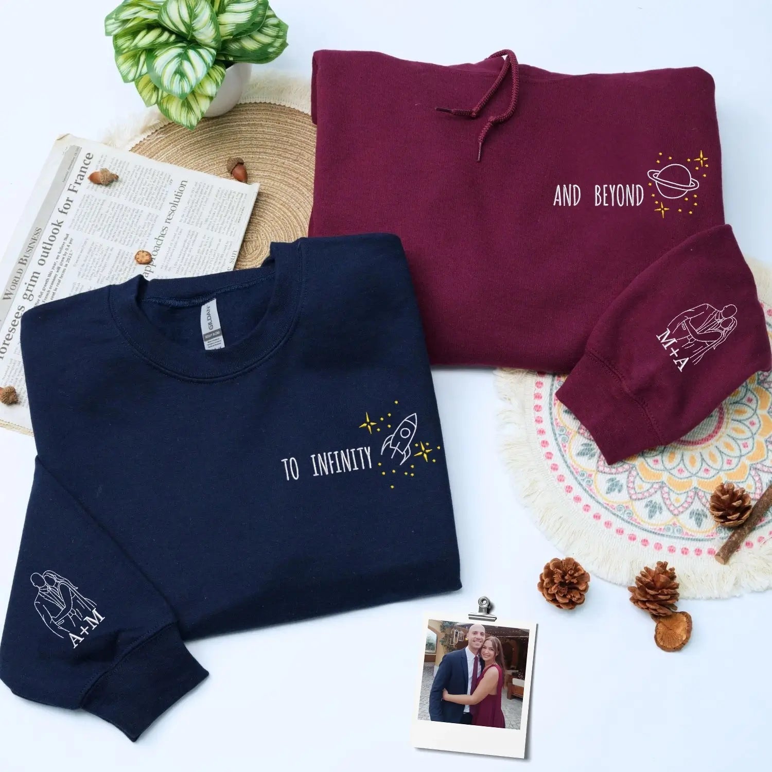 Custom Embroidered To Infinity and Beyond Sweatshirt or Hoodie with Portrait, First Wedding Anniversary Gift