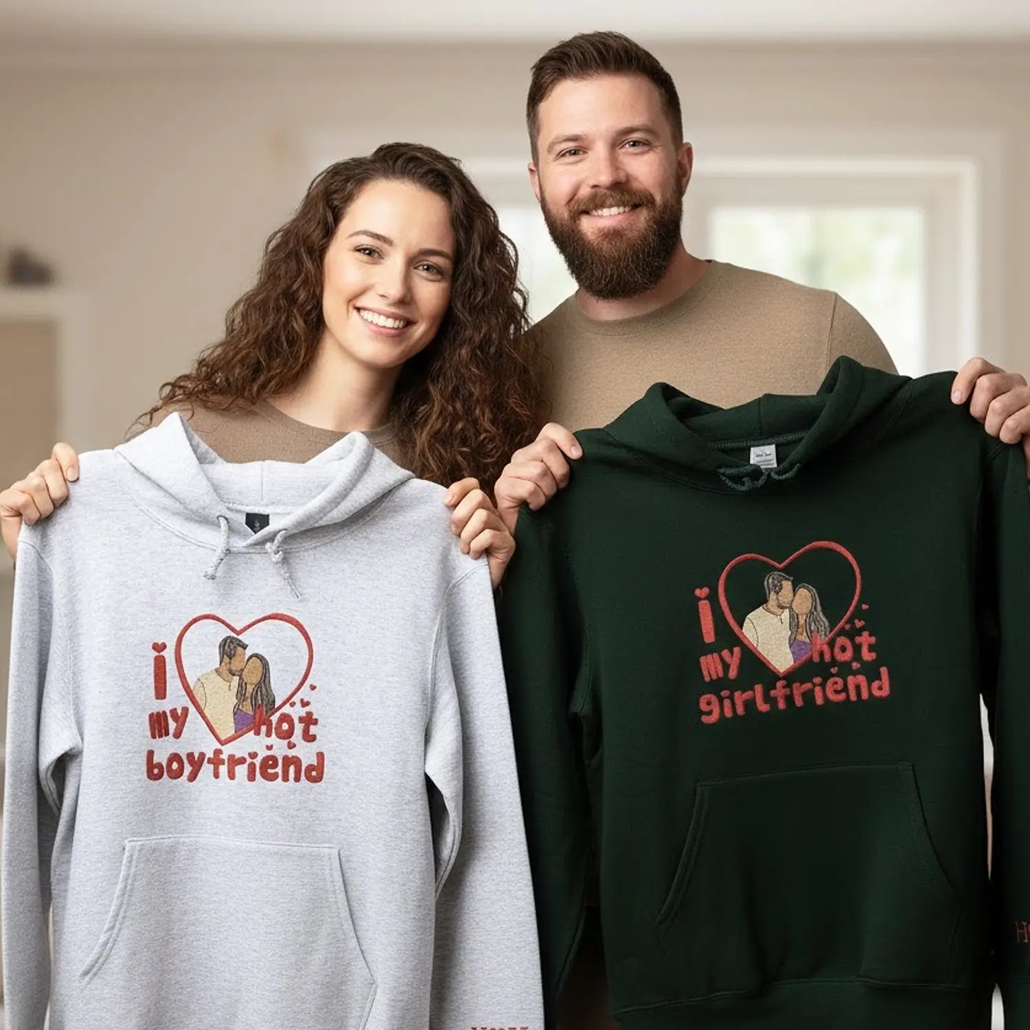 Custom Embroidered I Love My Girlfriend Boyfriend Sweatshirt or Hoodie with Portrait Photo, Gift for Boyfriend