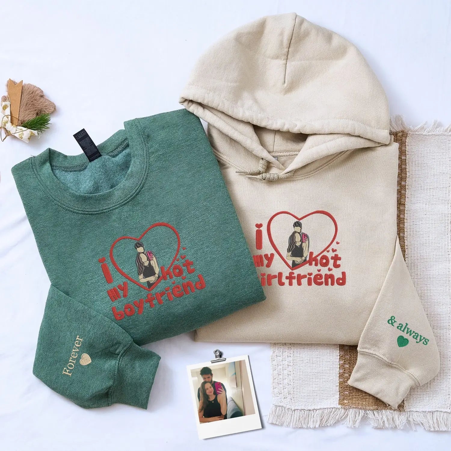 Custom Embroidered I Love My Girlfriend Boyfriend Sweatshirt or Hoodie with Portrait Photo, Gift for Boyfriend