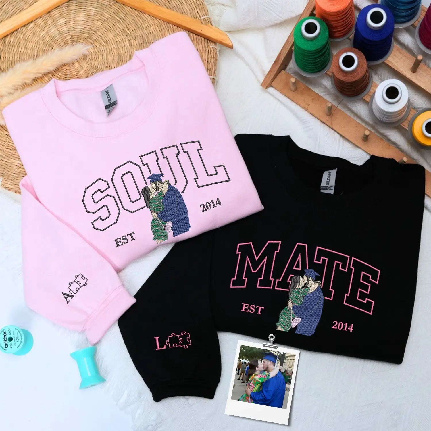 Custom Embroidered Soulmate with Portrait Sweatshirt or Hoodie, Soulmate Gifts for Him Her