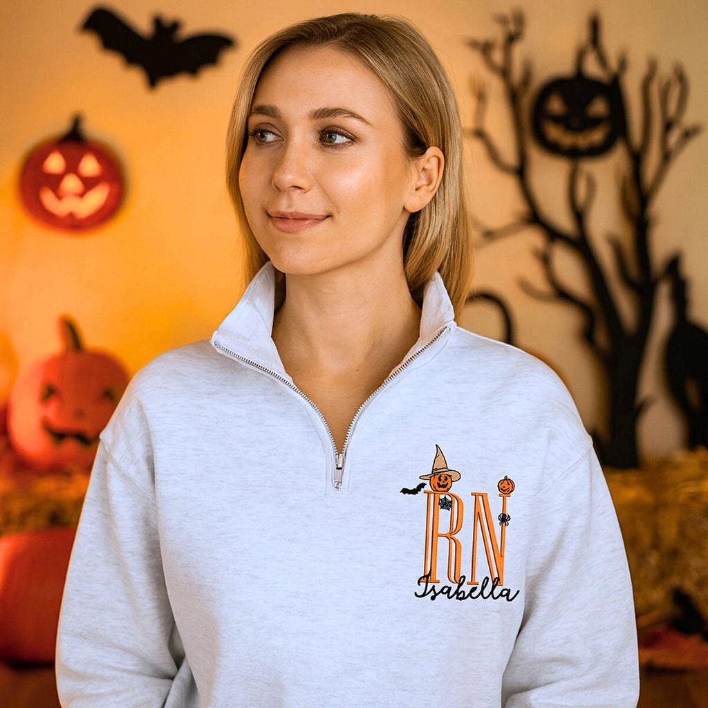 Custom Halloween Nurse Quarter Zip Sweatshirt, Embroidered Halloween Gift for Nurse