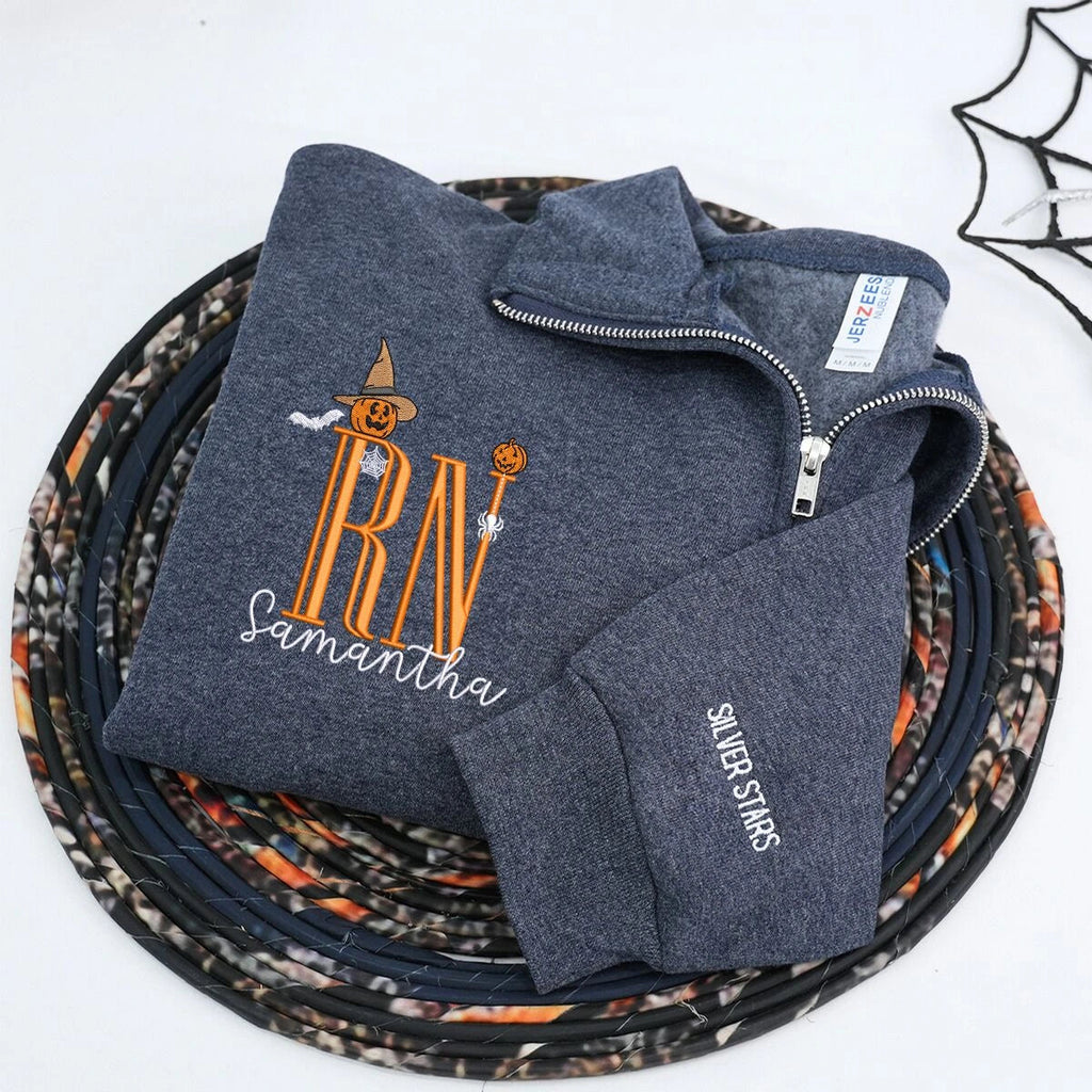 Custom Halloween Nurse Quarter Zip Sweatshirt, Embroidered Halloween Gift for Nurse